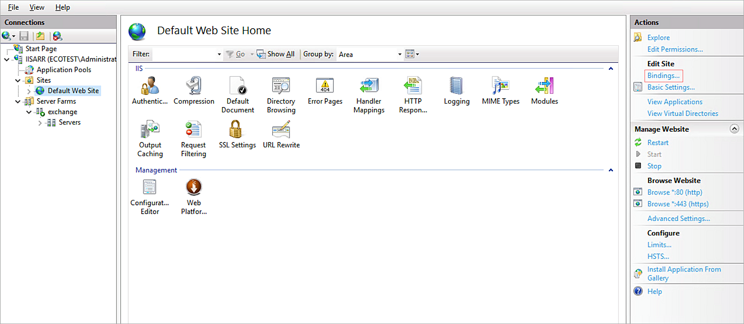 Screen shot of the Default Web Site Home settings